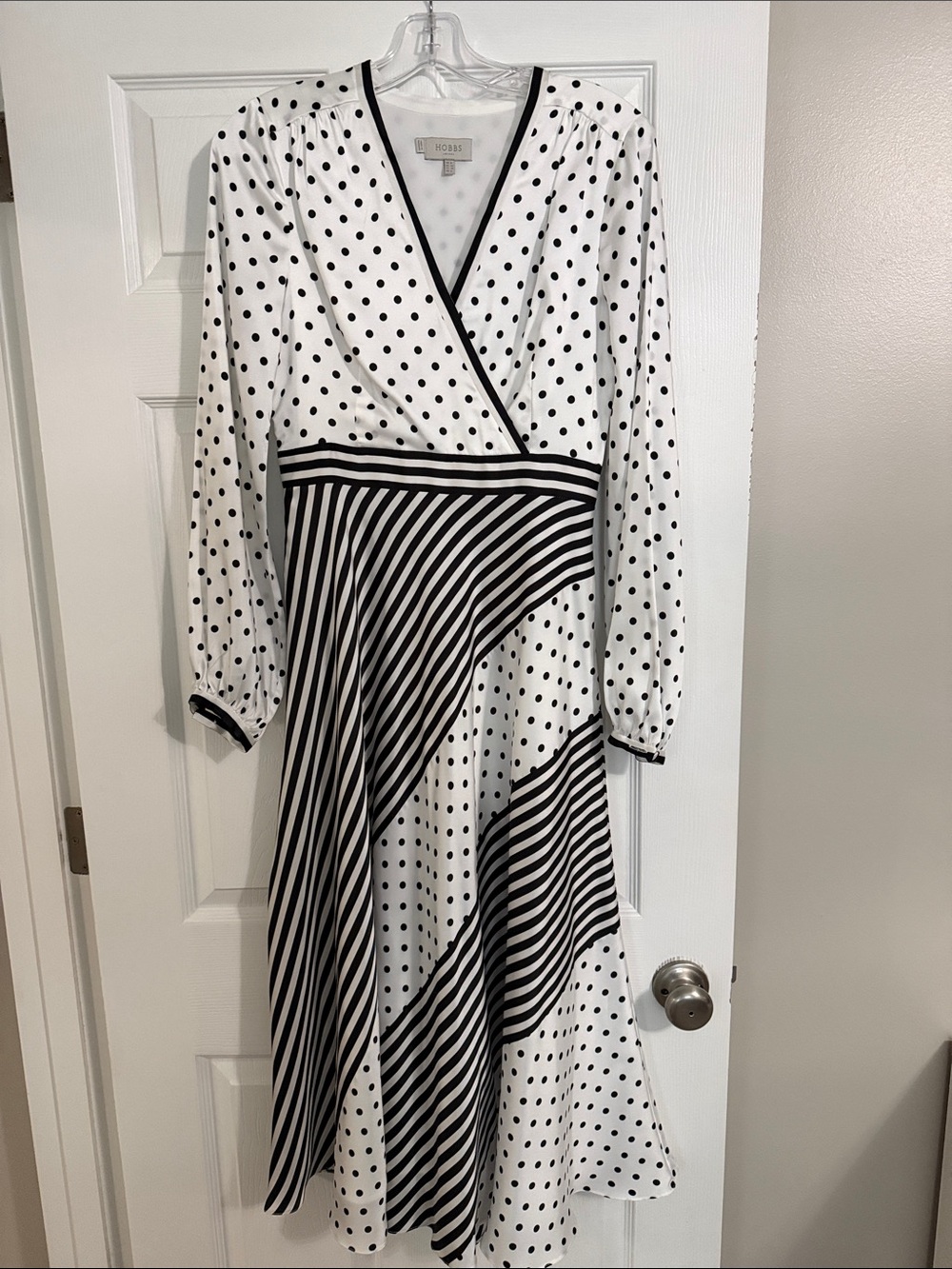 Black & White Polka Dot Long Sleeve Wrap Midi Dress